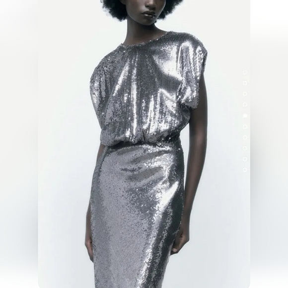 Zara SEQUIN SILVER LONG  DRESS GOWN Size S - Picture 9 of 16